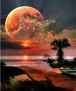 Red Full Moon Night - Landscape Painting By Numbers