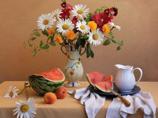Fruits and Flowers On Table -  Flowers Painting By Numbers