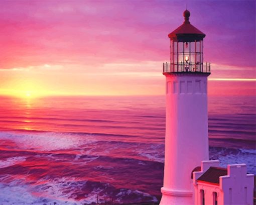 Lighthouse with Pink Purple Sky Paint By Numbers