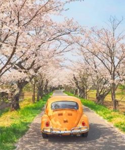 Yellow Volkswagen And Cherry Blossom Paint By Numbers