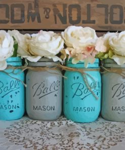 Turquoise Ball Jars With White Flowers paint by numbers