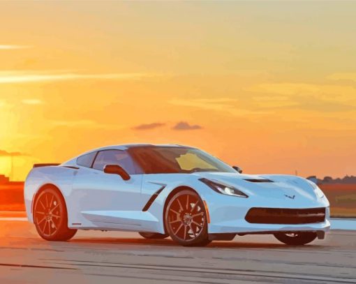 White Corvette With Sunset Paint By Numbers