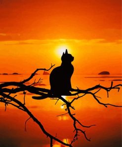 Cat Silhouette On Tree Branch At Sunset Paint By Numbers