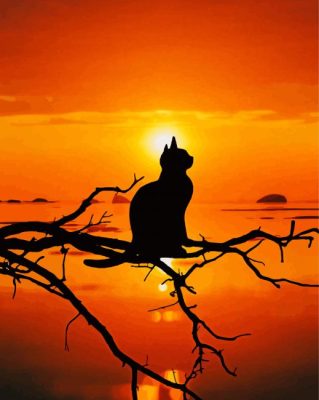 Cat Silhouette On Tree Branch At Sunset Paint By Numbers