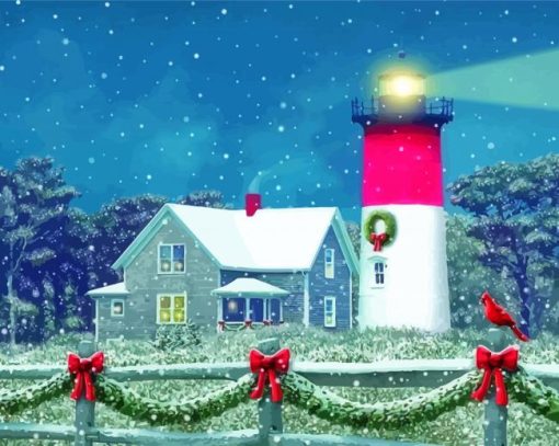 Merry Christmas Lighthouse In Winter Paint By Numbers