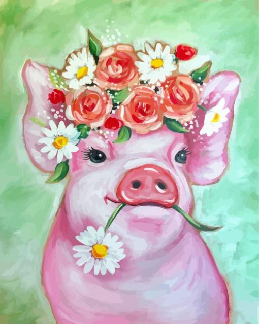 Pink Pig With Flowers Paint By Numbers