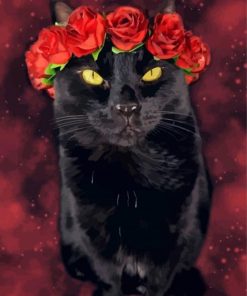 Black Cat With Red Flowers Paint By Numbers