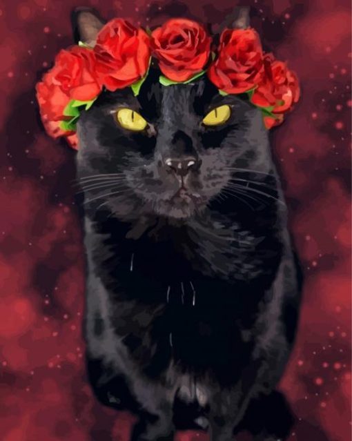 Black Cat With Red Flowers Paint By Numbers