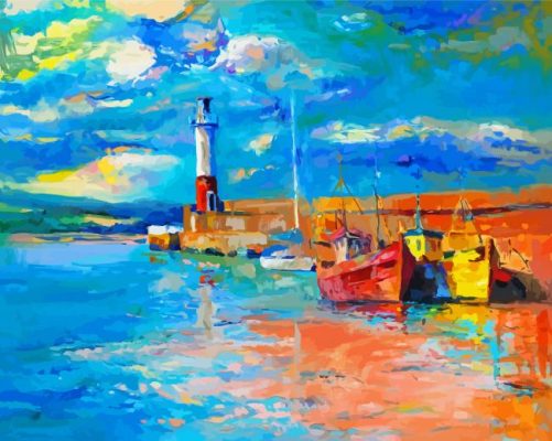 Colorful Boats And Lighthouse Abstract Paint By Numbers