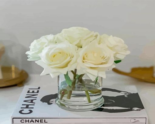 Roses White Flowers In Glass Vase Paint By Numbers