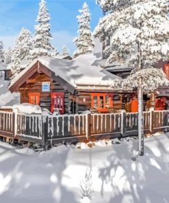 Aesthetic Norwegian Cabin In Snow Paint By Numbers