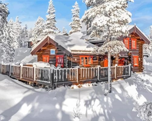 Aesthetic Norwegian Cabin In Snow Paint By Numbers