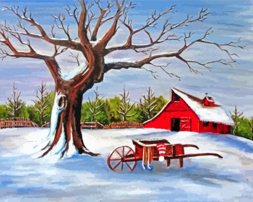 Aesthetic Red Barn In Winter Paint By Numbers