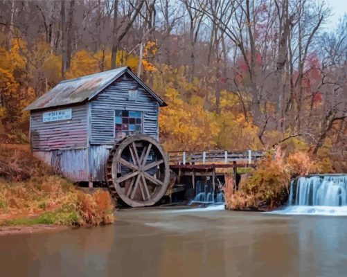 Autumn Water Mill Paint By Numbers