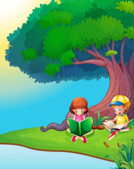 Boy And Girl Reading Under The Tree Paint By Numbers