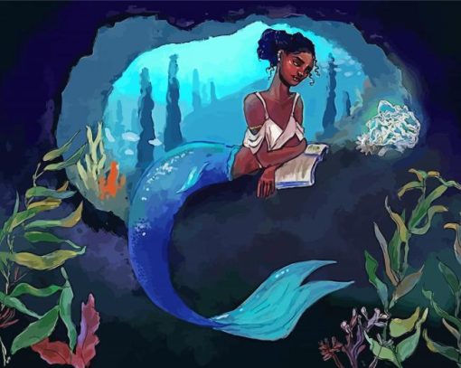 Black Mermaid Reading Book Paint By Numbers