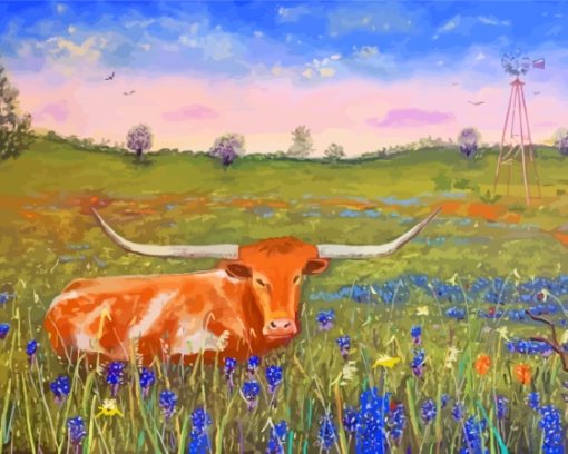 Bluebonnets And Longhorn Paint By Numbers