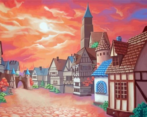 Cartoon Village At Sunset Paint By Numbers