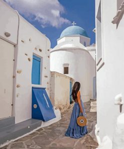 Girl In Blue Dress In Paros Alleys Paint By Numbers