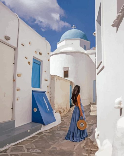 Girl In Blue Dress In Paros Alleys Paint By Numbers