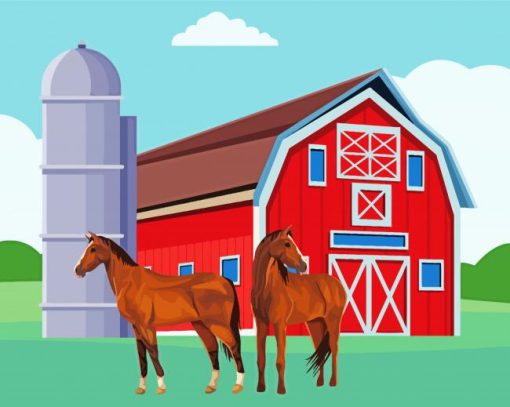 Horses And Red Barn Paint By Numbers