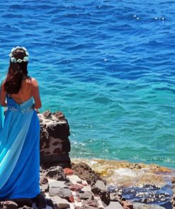 Lady In Blue Dress On Beach Paint By Numbers