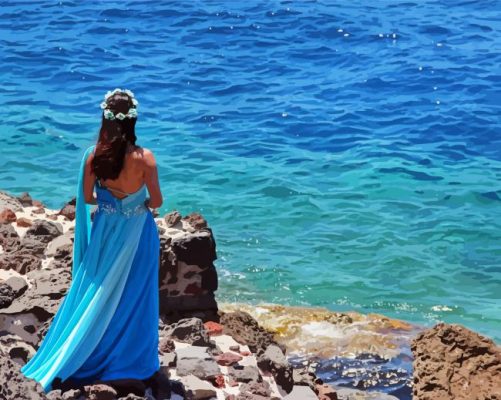 Lady In Blue Dress On Beach Paint By Numbers