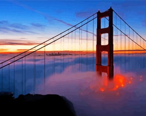 Sundown Golden Gate Bridge In Fog Paint By Numbers