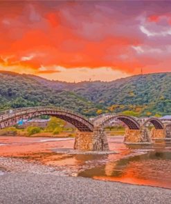 Sunset At Kintai Bridge Japan Paint By Numbers