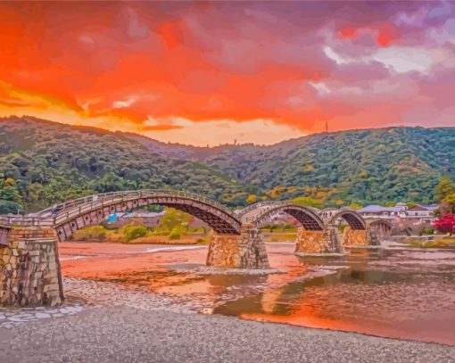 Sunset At Kintai Bridge Japan Paint By Numbers