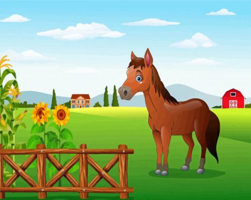 Cartoon Brown Horse In Farm Paint By Numbers