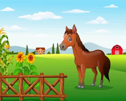 Cartoon Brown Horse In Farm Paint By Numbers