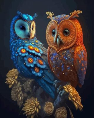 Orange And Blue Owls Paint By Numbers