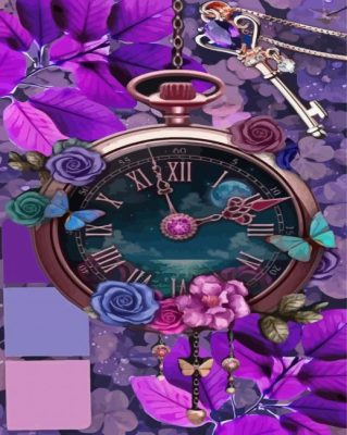 Purple Floral Clock Paint By Numbers