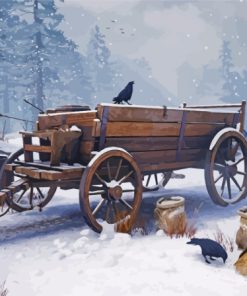 Wooden Old Wagon In The Snow Paint By Numbers