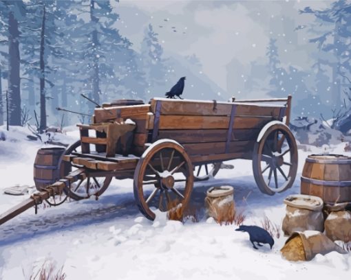 Wooden Old Wagon In The Snow Paint By Numbers