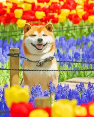 Happy Shiba In Colorful Tulips Flowers Field With Painting By Numbers