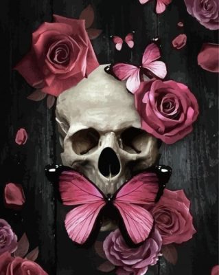 Pink Floral Skull And Butterfly Paint By Numbers