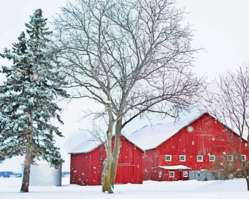 Barn In Snow Paint By Numbers