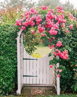 Garden Gate Pink Flowers Paint By Numbers