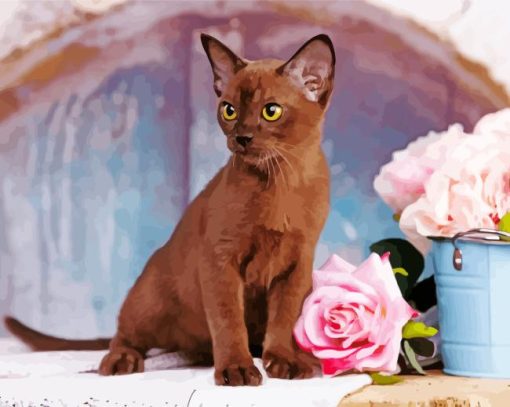 Burmese Cat And Pink Roses Paint By Numbers