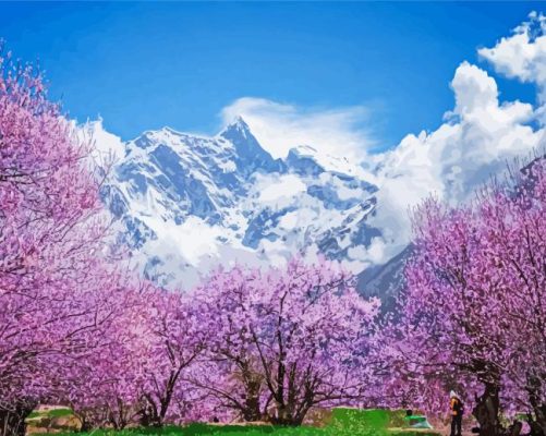 Sakura Tree Over Clouds With Snowy Landscape Paint By Numbers