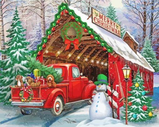 Christmas With Red Truck And Dogs Paint By Numbers