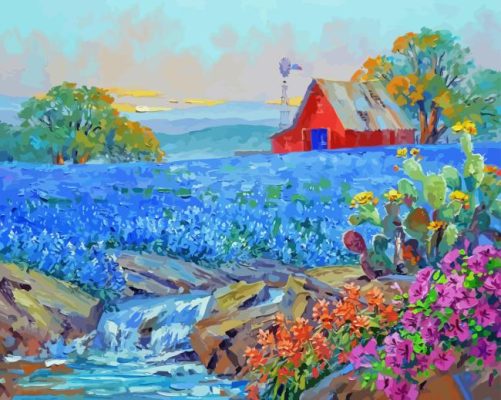 Abstract Texas Bluebonnets With Windmill Paint By Numbers