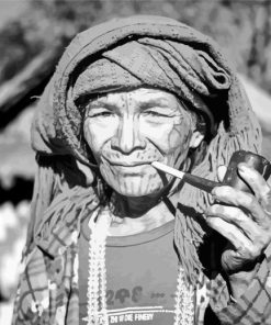 Black And White Old Woman Smoking Pipe Paint By Numbers