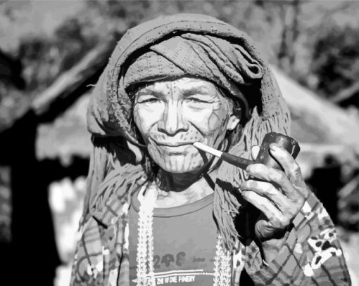 Black And White Old Woman Smoking Pipe Paint By Numbers