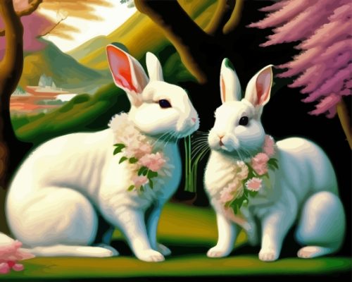 Floral White Bunnies Paint By Numbers